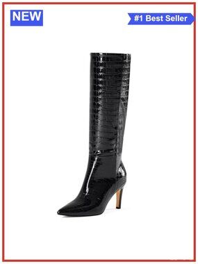 Wide Calf Knee High Heeled Boots Pointed Toe Pull-On Dressy